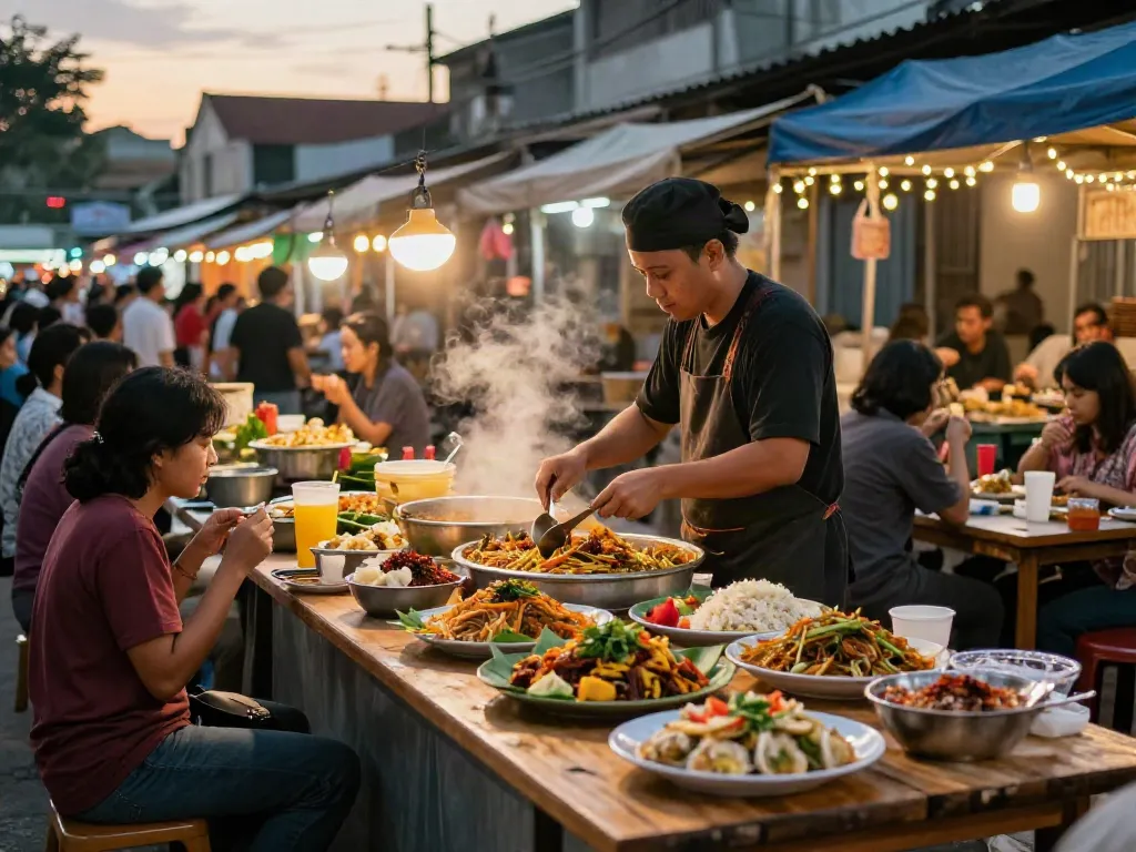 Enjoying Nasi Kandar at rokok88 in a vibrant street food market.