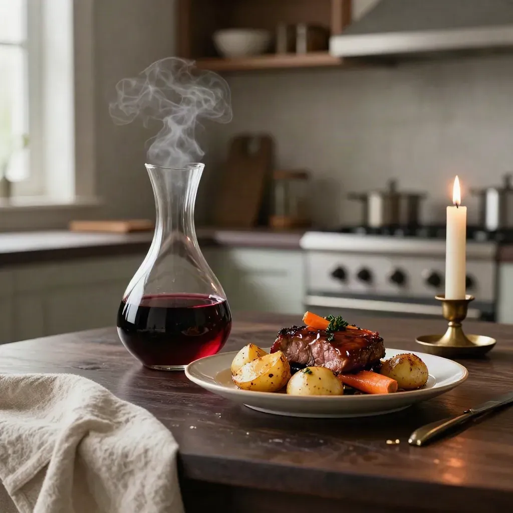 Rödvinskaraff, ugnsrostad middag och halvsläckt ljus på mörkt köksbord