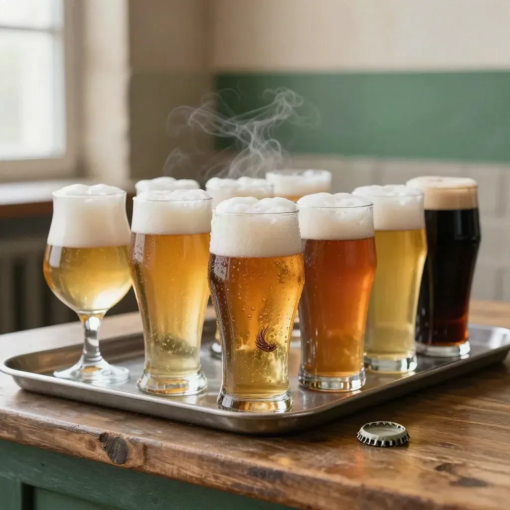 Tre svenska ölglas på en bricka med kondens och skum i kylig källarluft.