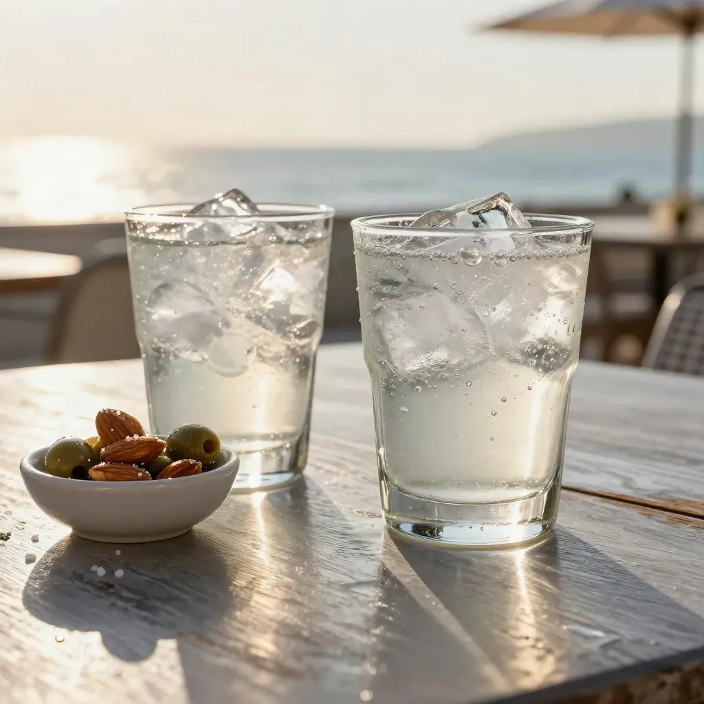 Två iskalla aperitifglas med vermut och soda bredvid salta snacks på terrassbord.