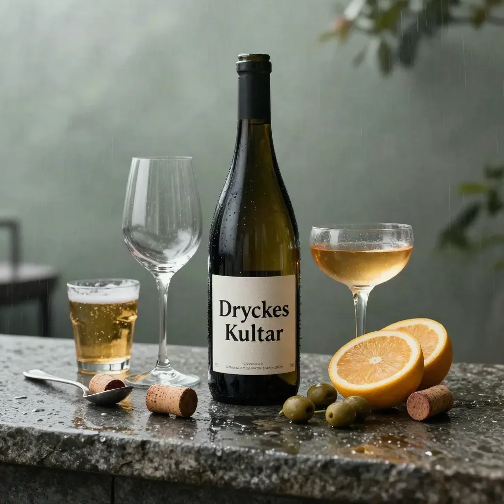 Mörk vinflaska, vinglas och ölglas på våt bar med regnblänk, citrus och oliver.