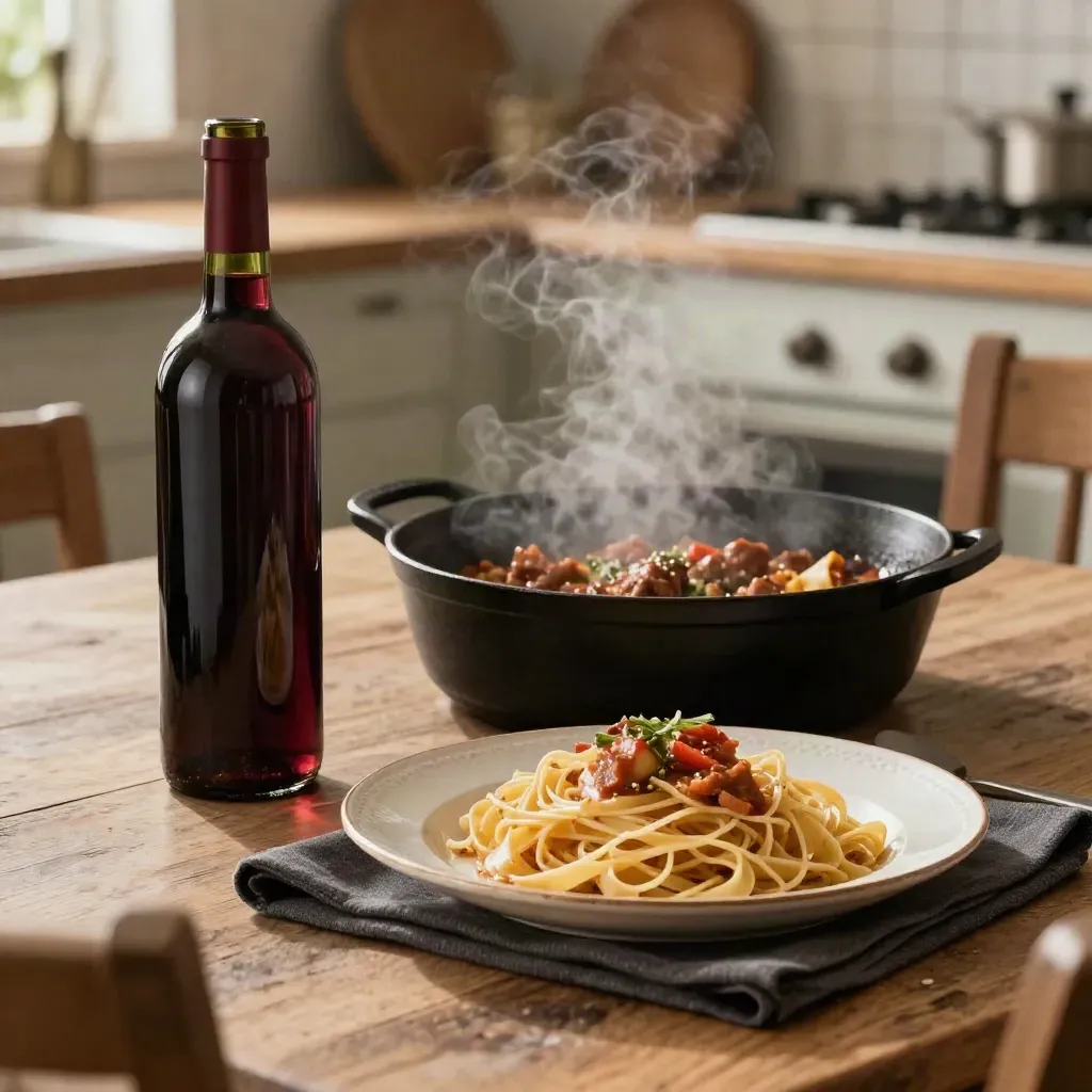 Rött vin, gryta och pasta på rustikt bord i varm kvällsvärme