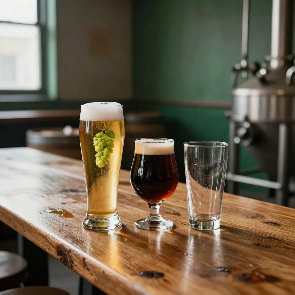 Lagerflöjt, humlekotte, mörk ale och ölglas på en träbänk i ett bryggeri.