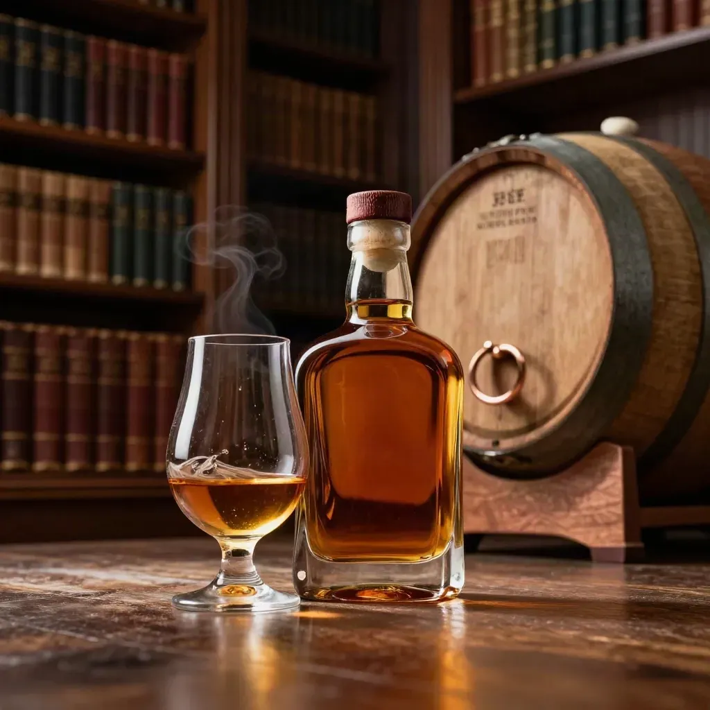 Whiskyflaska och tulpanformat glas i ett mörkt bibliotekslikt rum med ekfat.