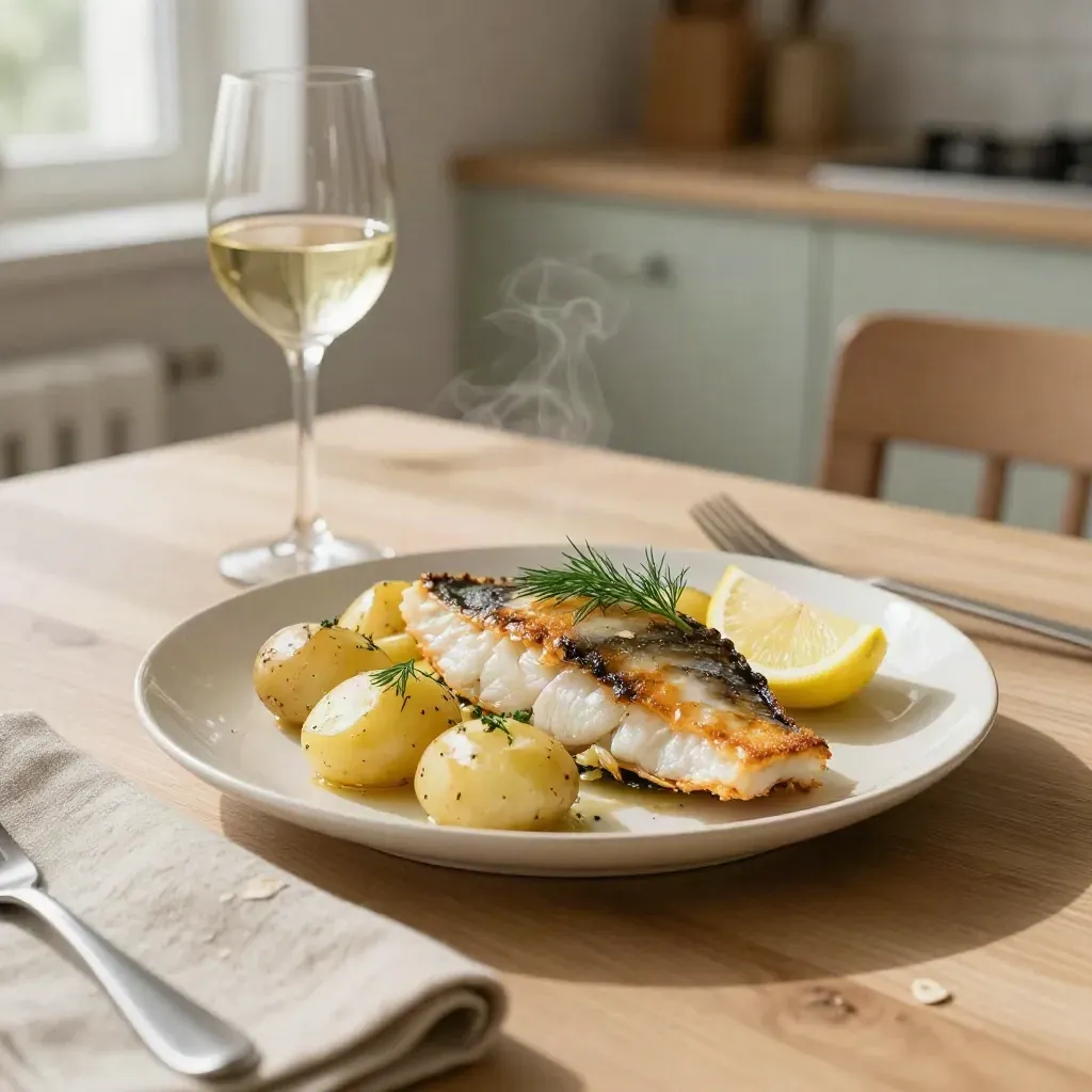 Stekt fisk och potatis på bordet med ett glas vitt i mjukt kvällsljus.
