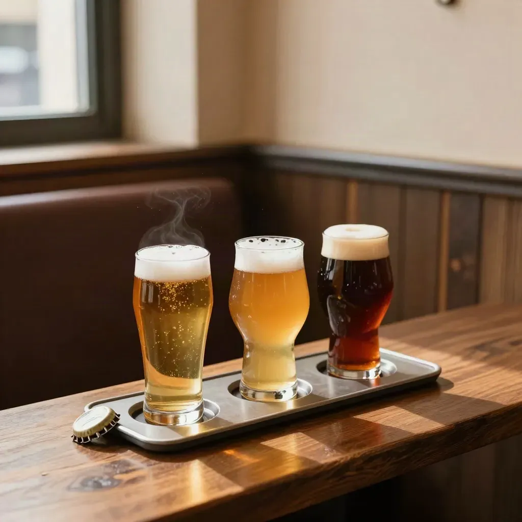 Tre ölprov i olika glas på bricka i ett kaféhörn med varmt eftermiddagsljus.