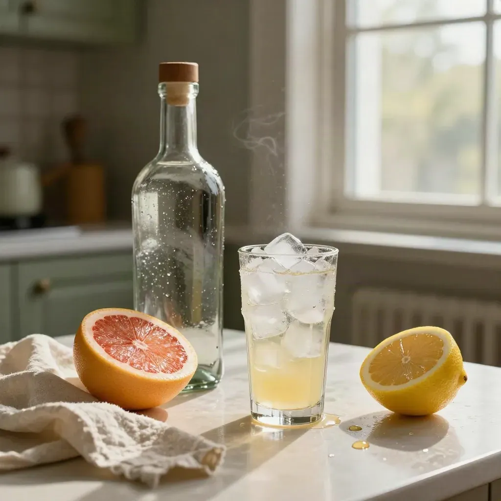 Ginflaska, grapefrukt, citron och isfyllt highballglas vid öppet fönster