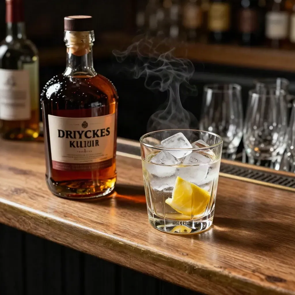 Romflaska och whiskyglas med is och citron på en träbarhylla