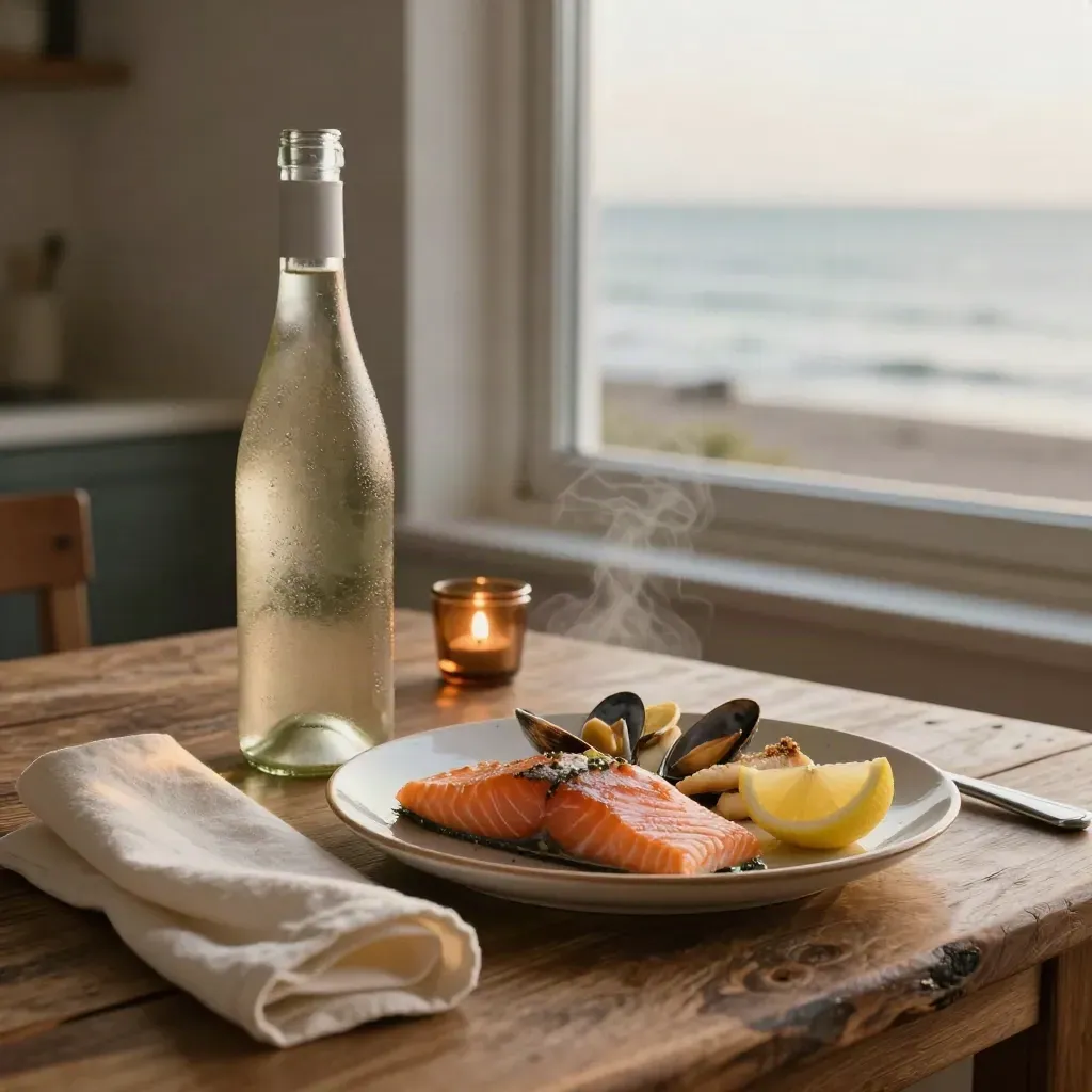 Vit vinflaska och fiskrätt vid fönsterbord med havsljus och varm kvällsstämning.