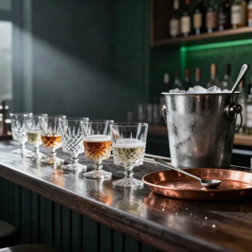 Glas med olika vätskenivåer, ishink och barspoon i mörk barbelysning.